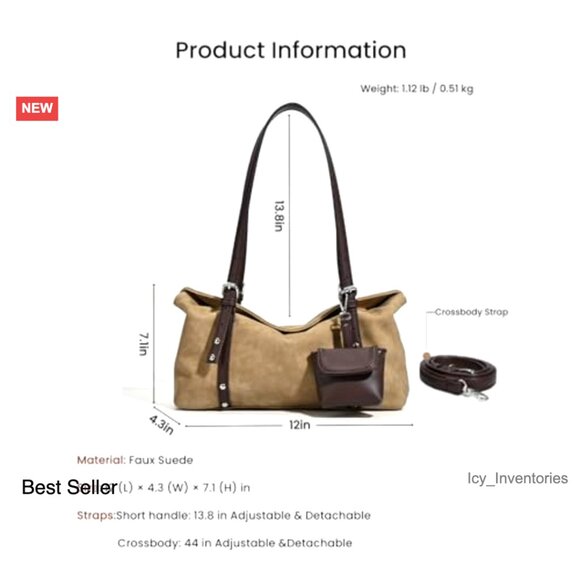 Vintage Faux Suede Shoulder Bag Convertible Crossbody Lightweight Boston Style - Picture 4 of 7